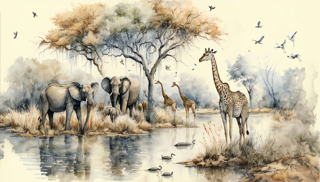 Fotomural vinilo paisaje lago safari jirafas elefantes